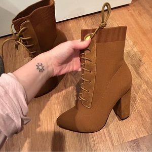 SHEIN Brown Lace-Up Heeled Boots